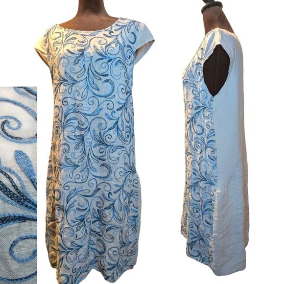 Lungo L'arno Blue Embroidered 💯 linen dress size M - Picture 1 of 10